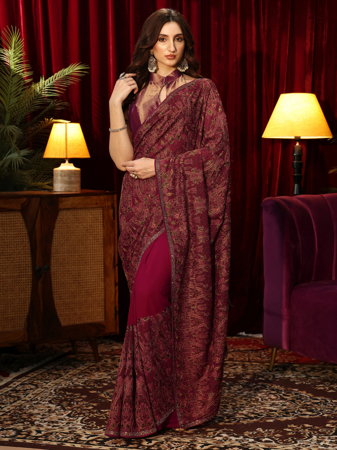 Libas Art Magenta Pink Printed Georgette Saree with Embellished Border