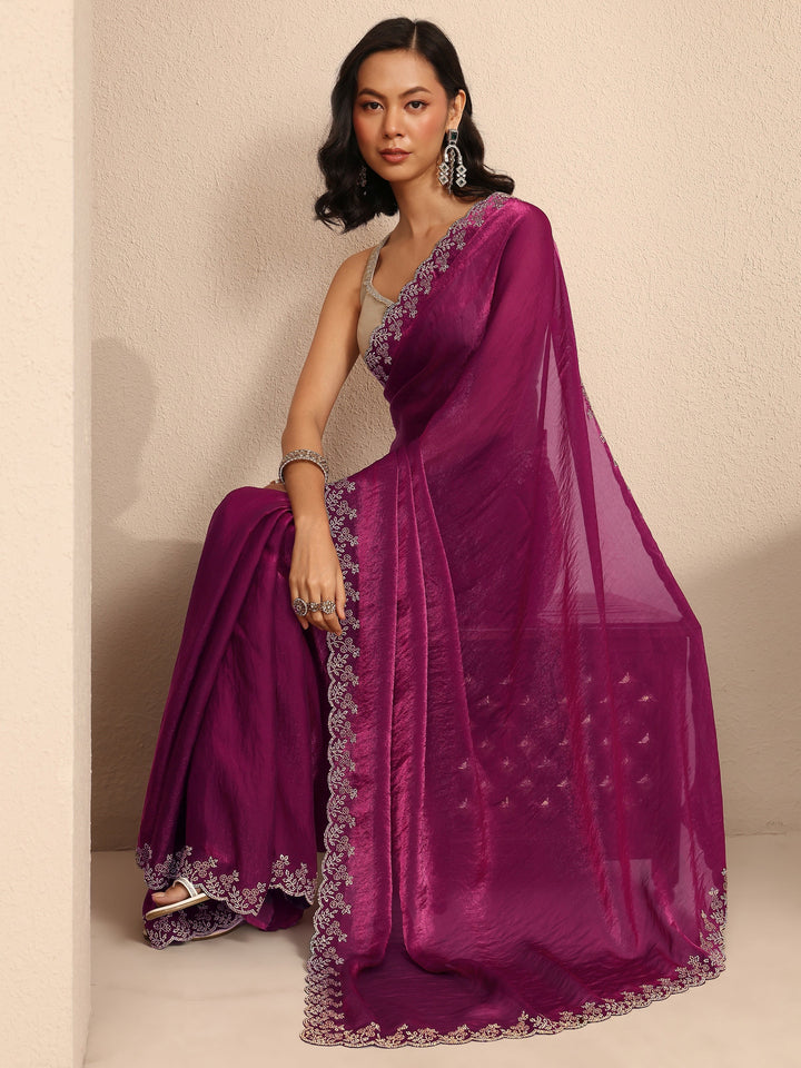 Magenta Solid Silk Blend Saree With Unstitched Blouse Piece