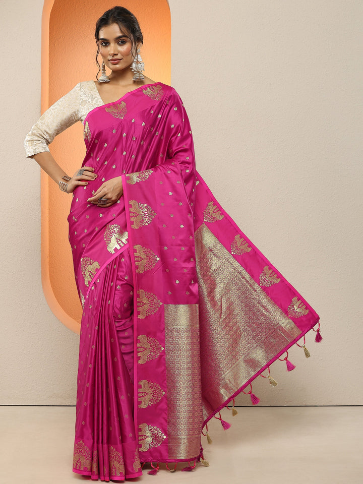 Magenta Woven Design Silk Blend Sarees With Unstitched Blouse Piece