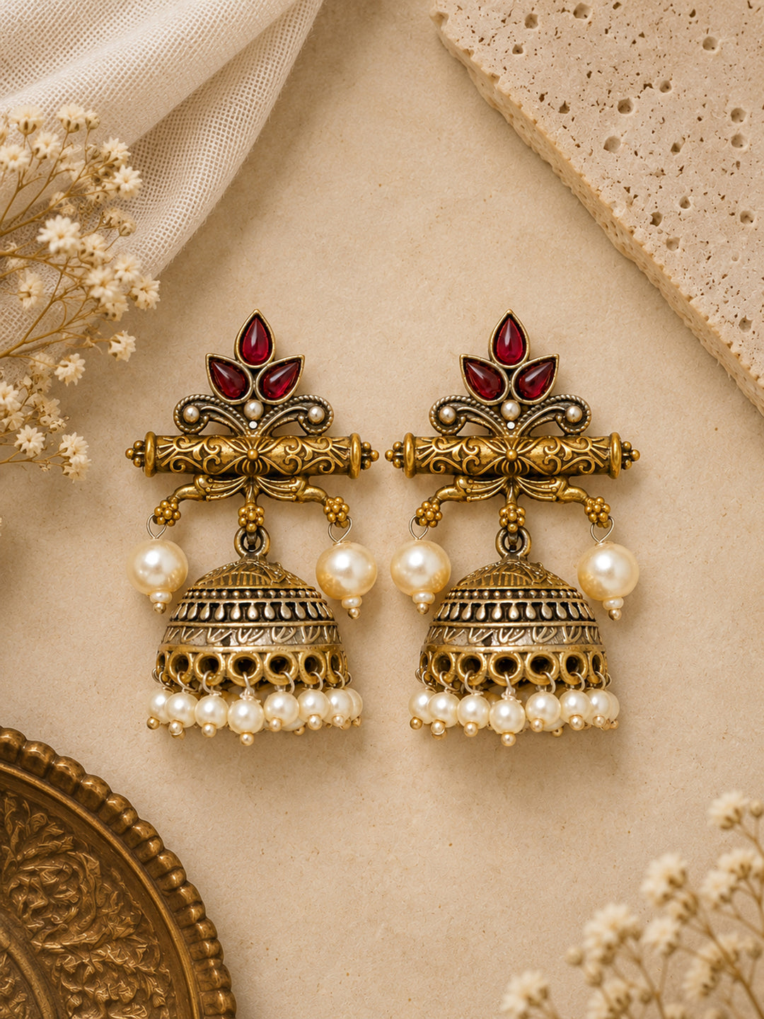 Libas Pink Stone & Pearl Drop Jhumka Earrings