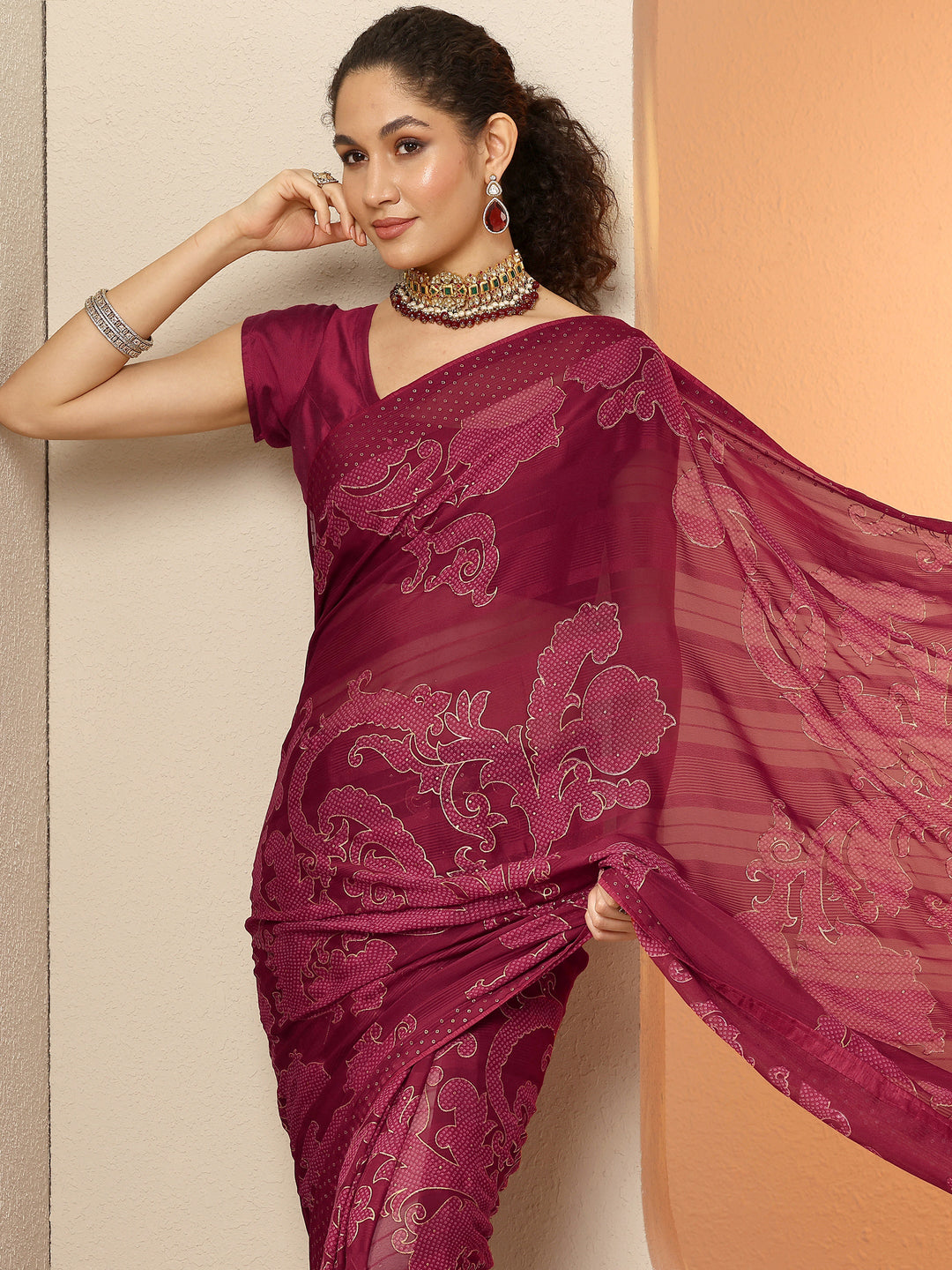 Maroon Bandhani Printed Georgette Saree With Unstitched Blouse Piece