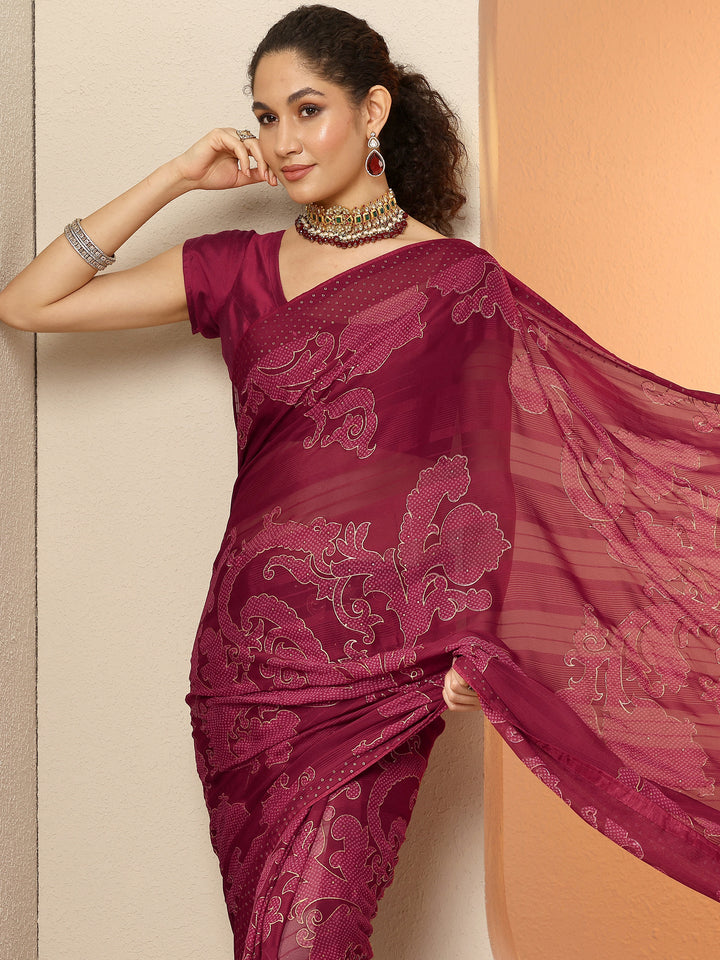 Maroon Bandhani Printed Georgette Saree With Unstitched Blouse Piece