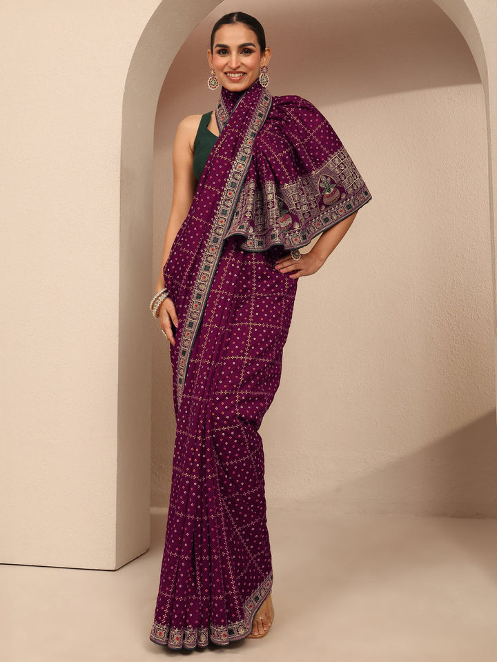 Maroon Bandhani Printed Silk Blend Saree With Unstitched Blouse Piece