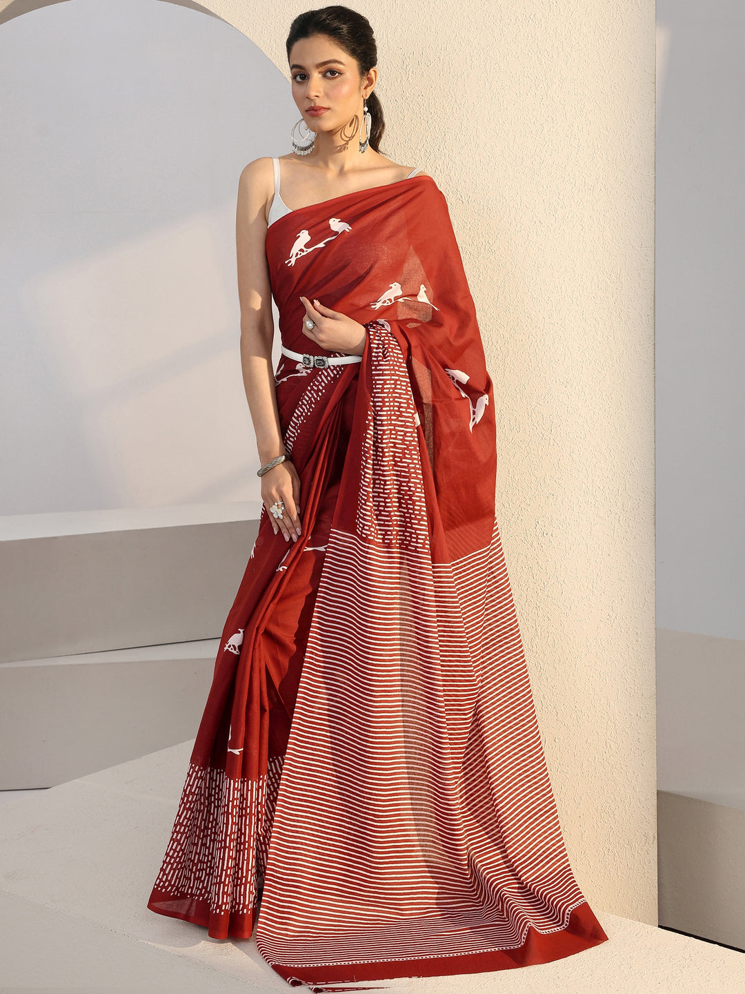Rust Red Bird Print Cotton Saree