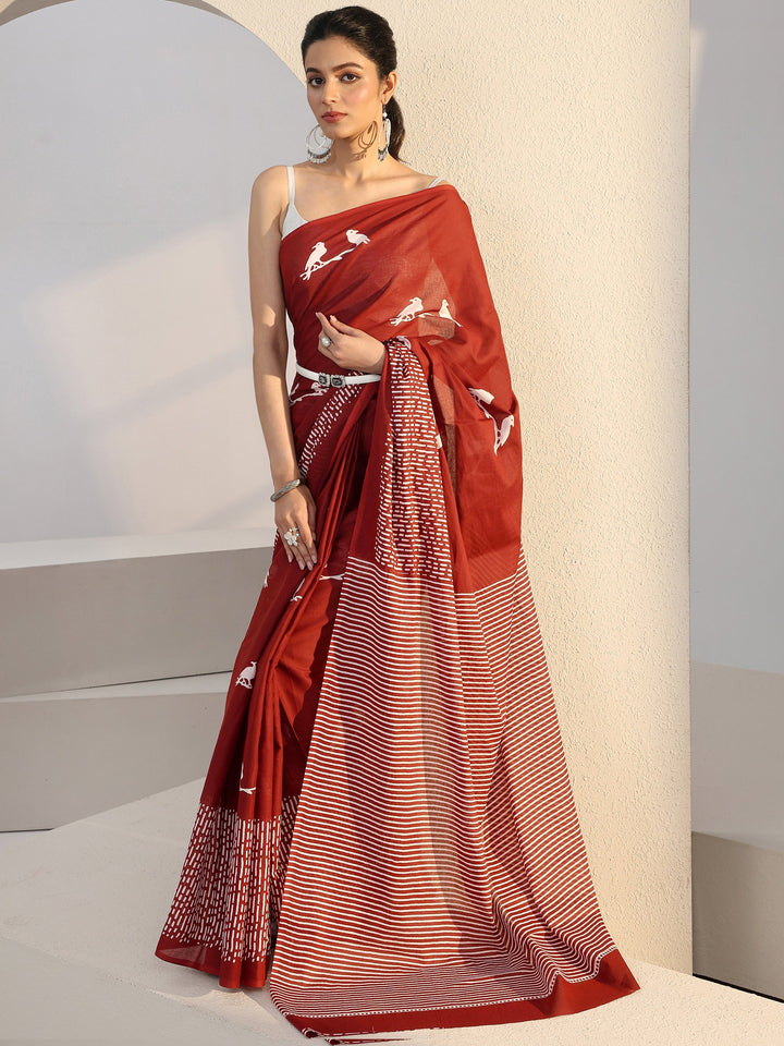 Libas Rust Red Bird Print Cotton Saree