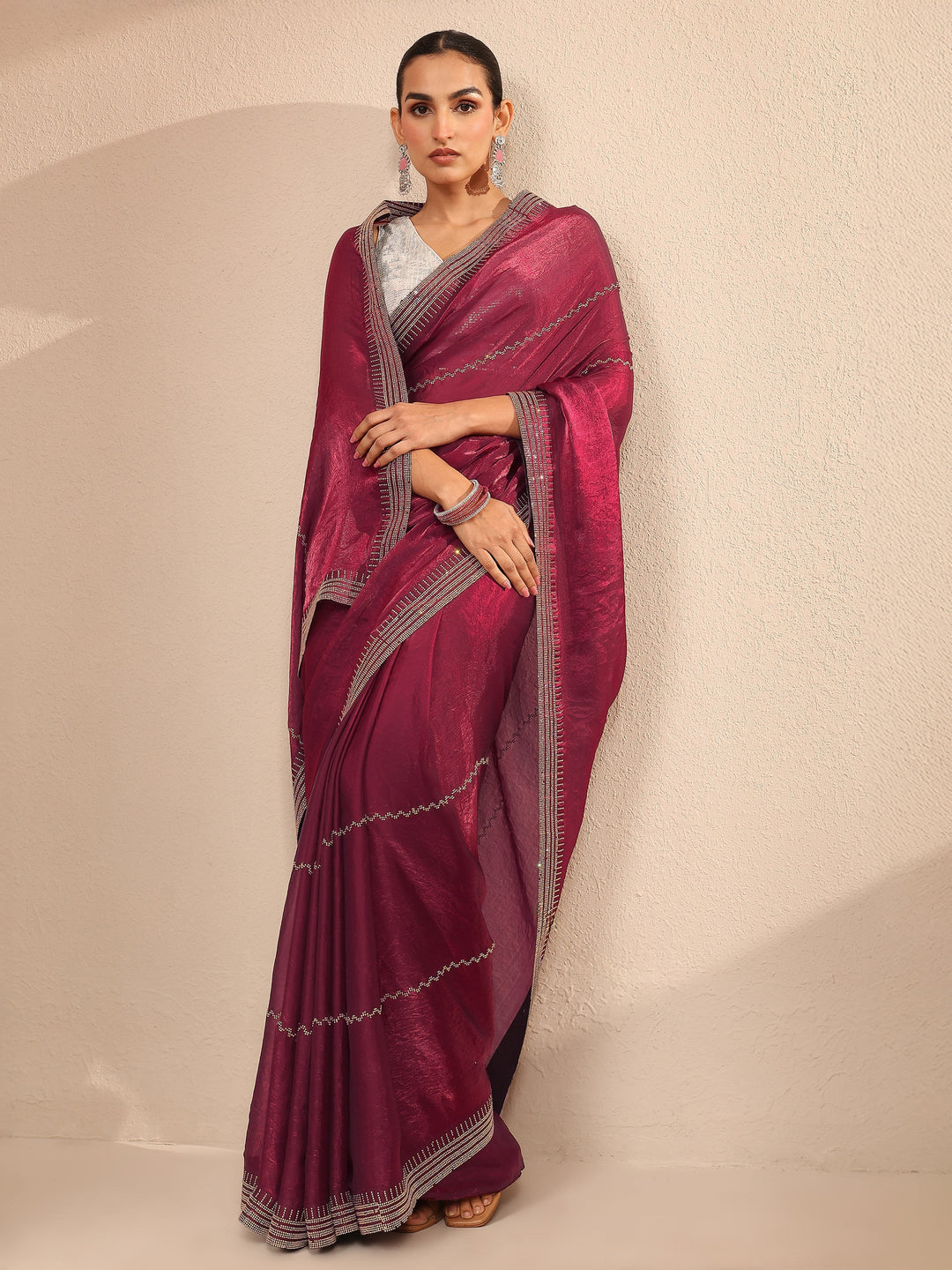 Maroon Embellished Silk Blend Saree With Unstitched Blouse Piece