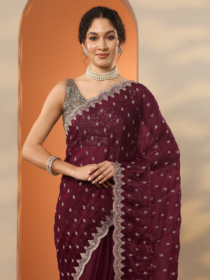 Maroon Embroidered Organza Saree With Unstitched Blouse Piece