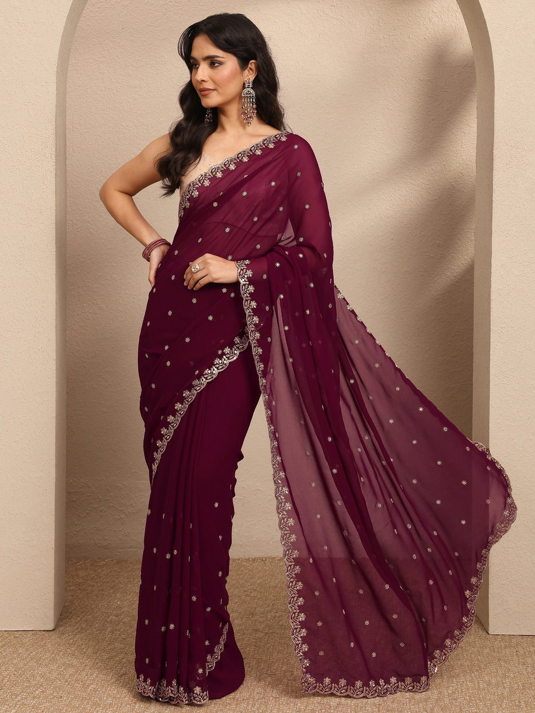 Maroon Embroidered Georgette Saree With Unstitched Blouse Piece