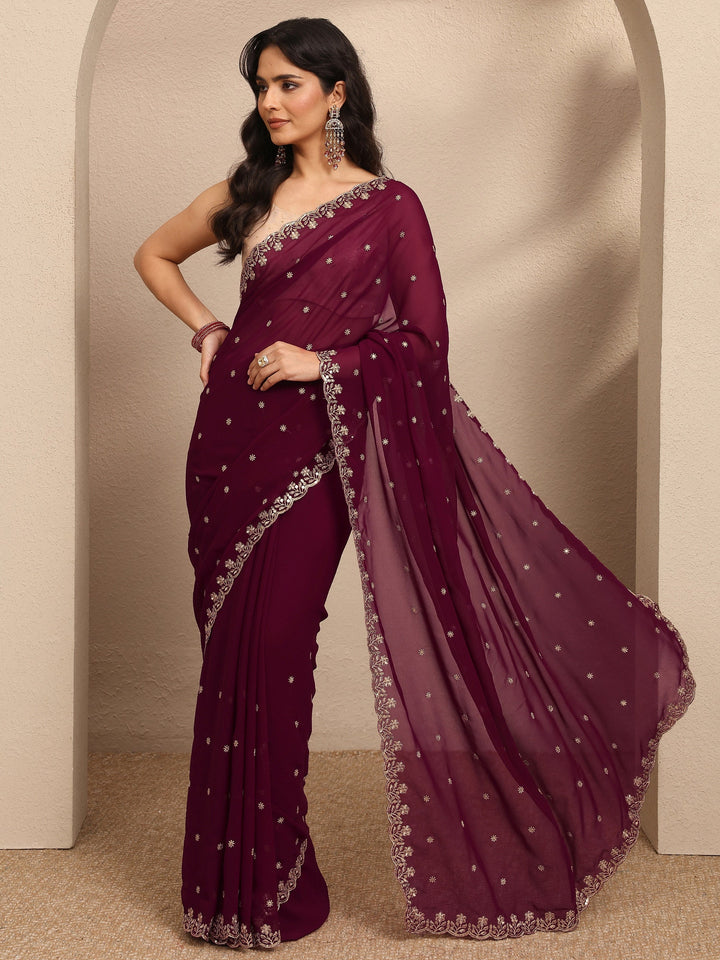 Maroon Embroidered Georgette Saree With Unstitched Blouse Piece