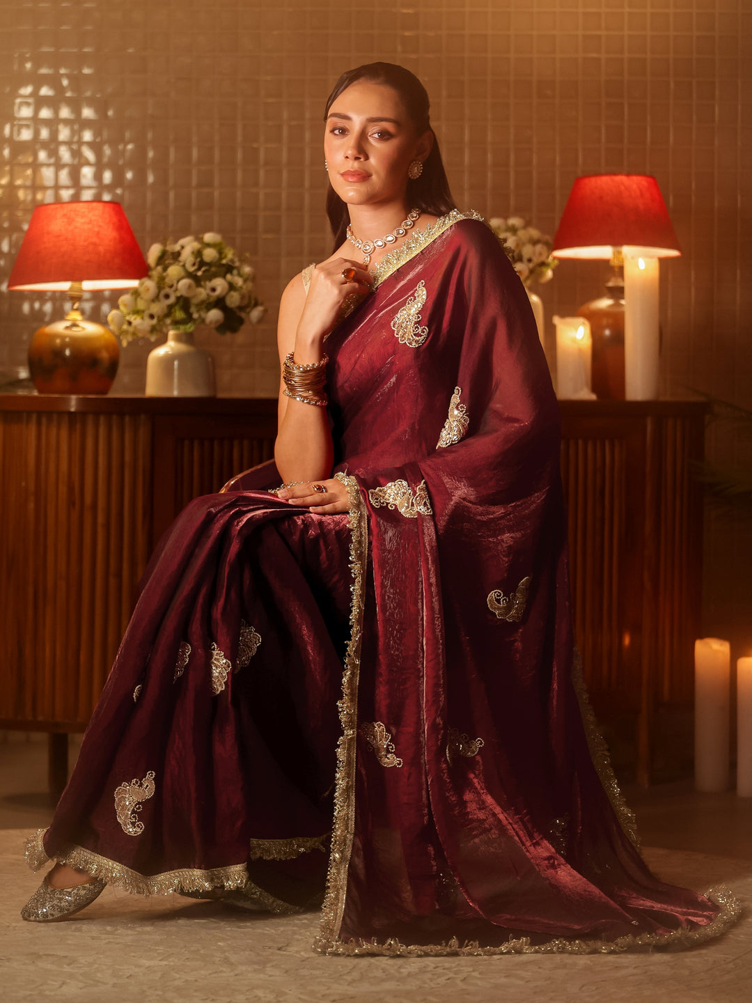 Maroon Ethnic Embellished Silk Blend Saree