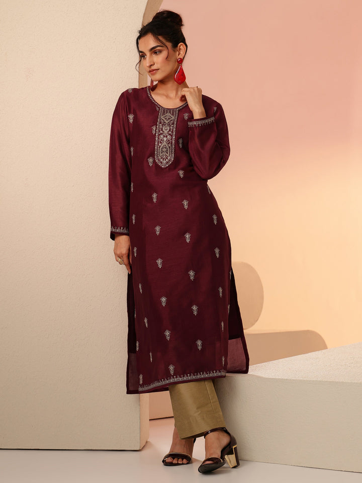 Libas Maroon Ethnic Embroidered Silk Blend Straight Kurta