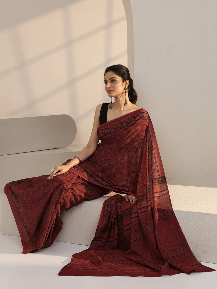 Libas Rust Red Ajrakh Print Cotton Saree
