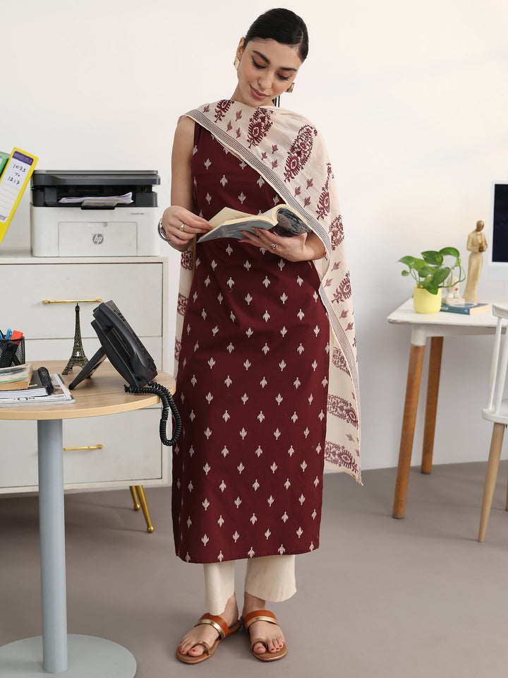 Libas Maroon Ethnic Motifs Printed Cotton Blend Straight Suit Set With Dupatta