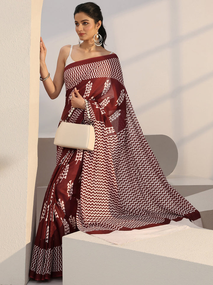 Libas Maroon Floral Print Cotton Saree