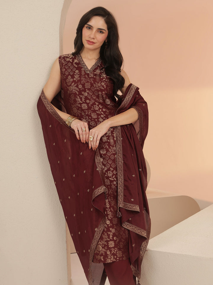 Libas Maroon Floral Woven Design Silk Blend Straight Suit Set
