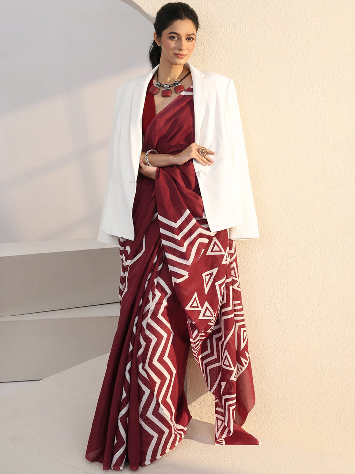Libas Maroon Chevron Print Cotton Saree