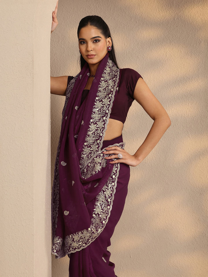 Maroon Paisley Embroidered Silk Blend Saree With Unstitched Blouse Piece