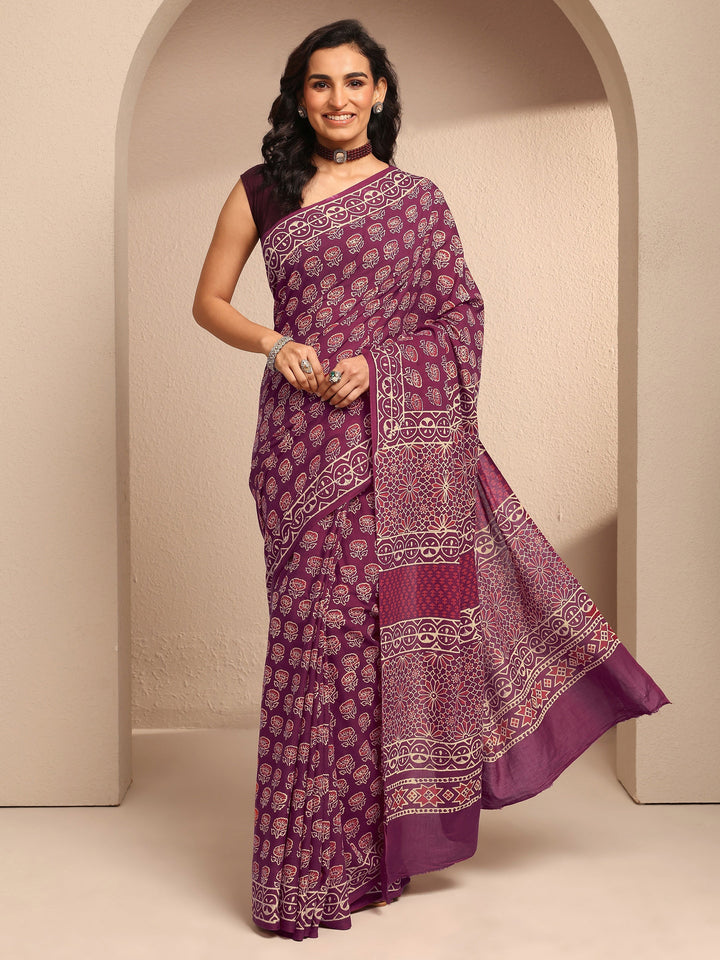 Maroon Printed Cotton Saree With Unstitched Blouse Piece