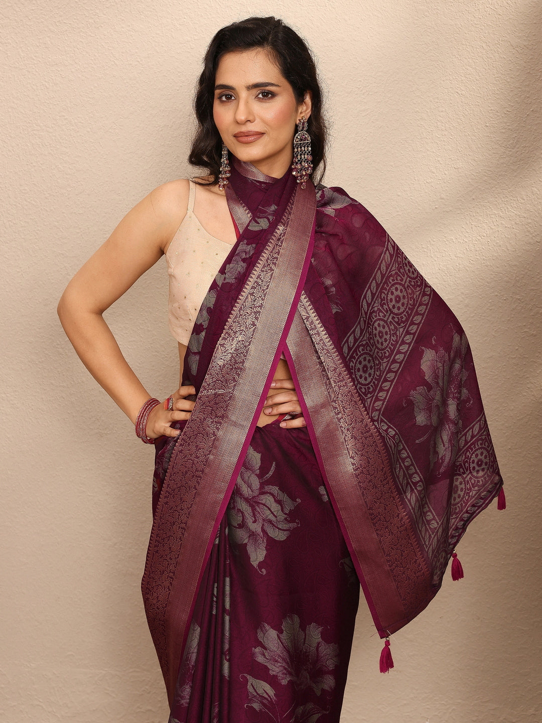 Maroon Printed Georgette Saree With Unstitched Blouse Piece