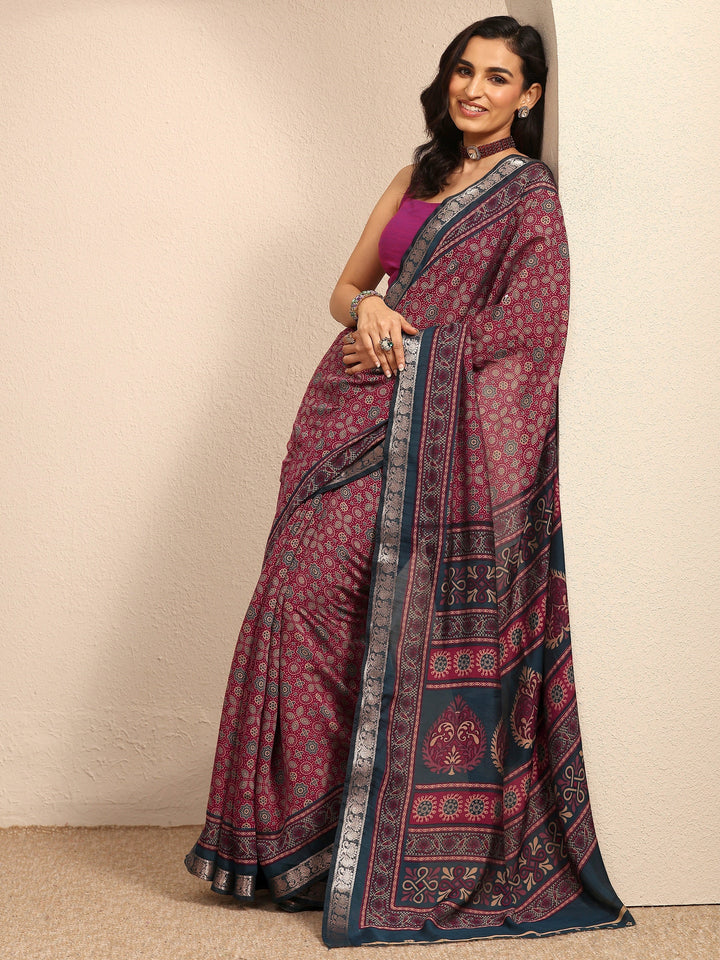 Maroon Printed Silk Blend Saree With Unstitched Blouse Piece