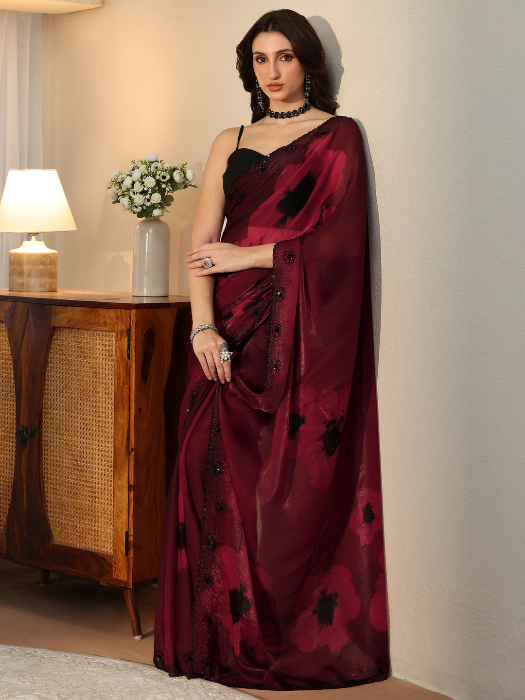Libas Maroon Red Floral Silk Blend Saree