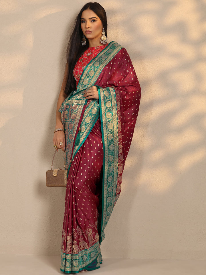 Maroon Woven Design Silk Blend Banarasi Saree With Unstitched Blouse Piece