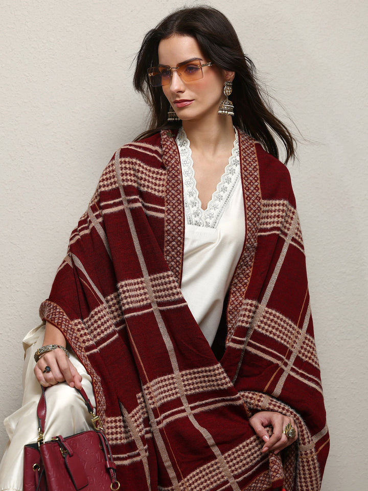 Maroon Woven Design Wool Women'S Shawl