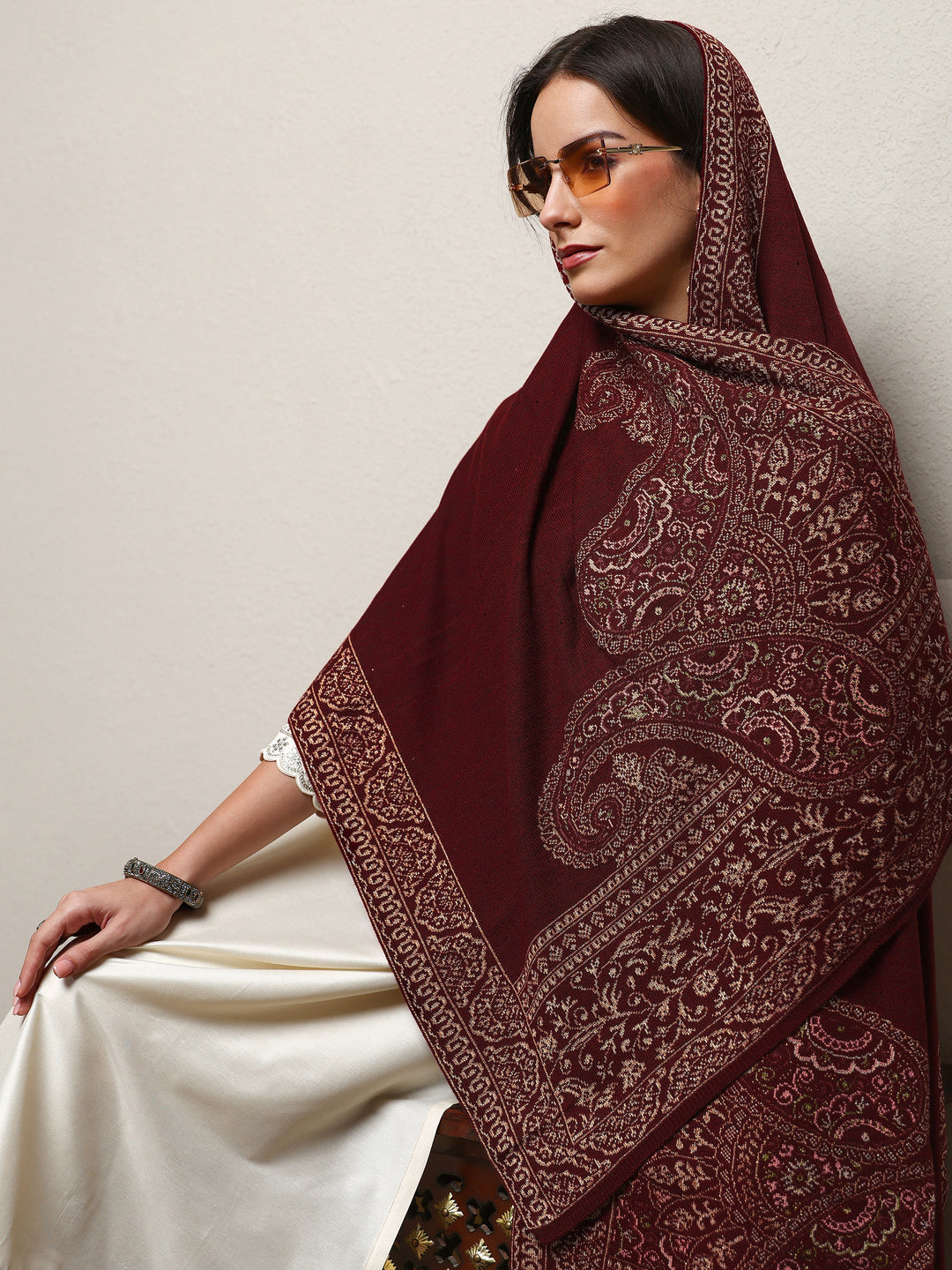 Maroon Woven Design Wool Wrap Shawl 
