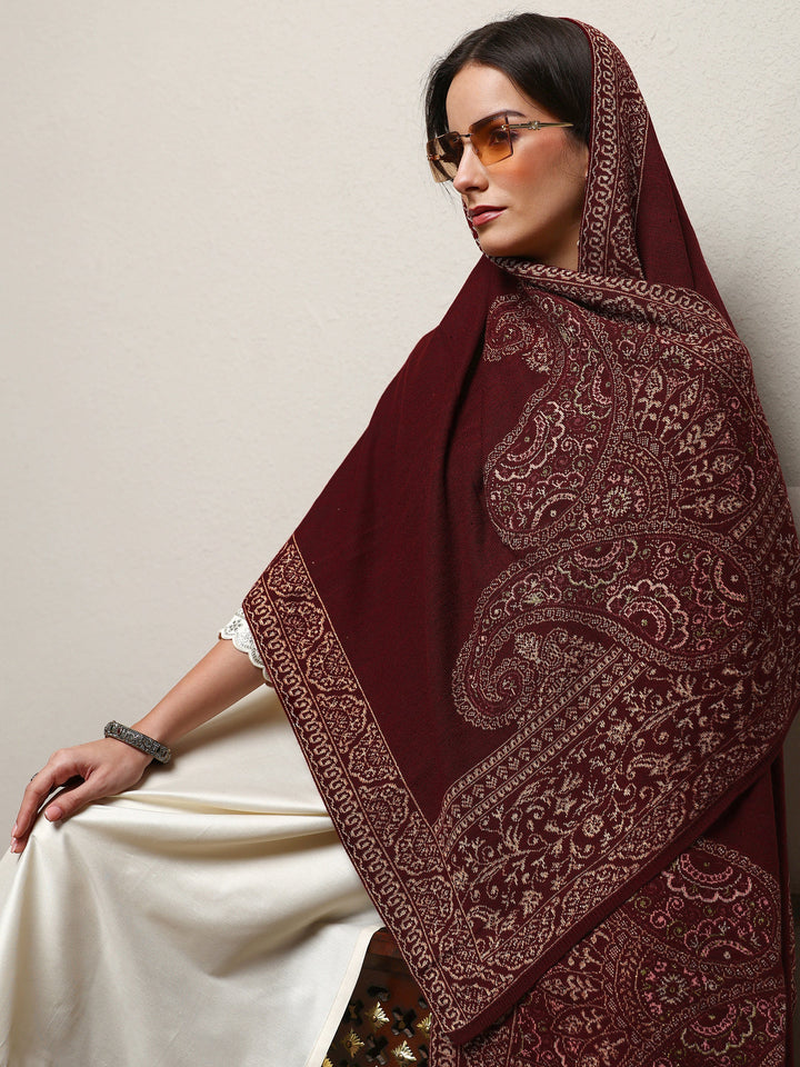 Maroon Woven Design Wool Wrap Shawl 