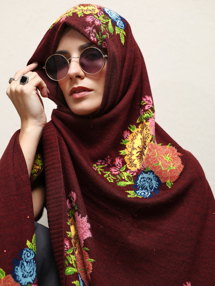 Maroon Woven Design Wool Wrap Shawl 