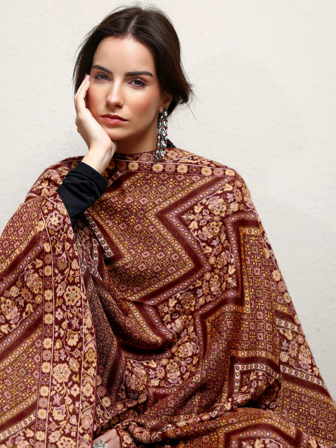 Maroon Woven Design Wool Wrap Shawl 