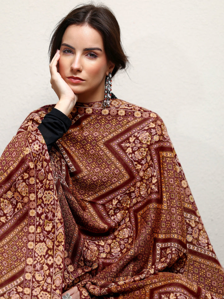 Maroon Woven Design Wool Wrap Shawl 
