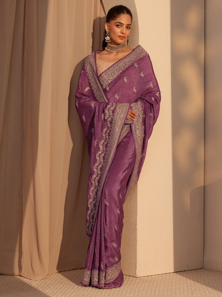 Libas Mauve Ethnic Embroidered Chiffon Saree