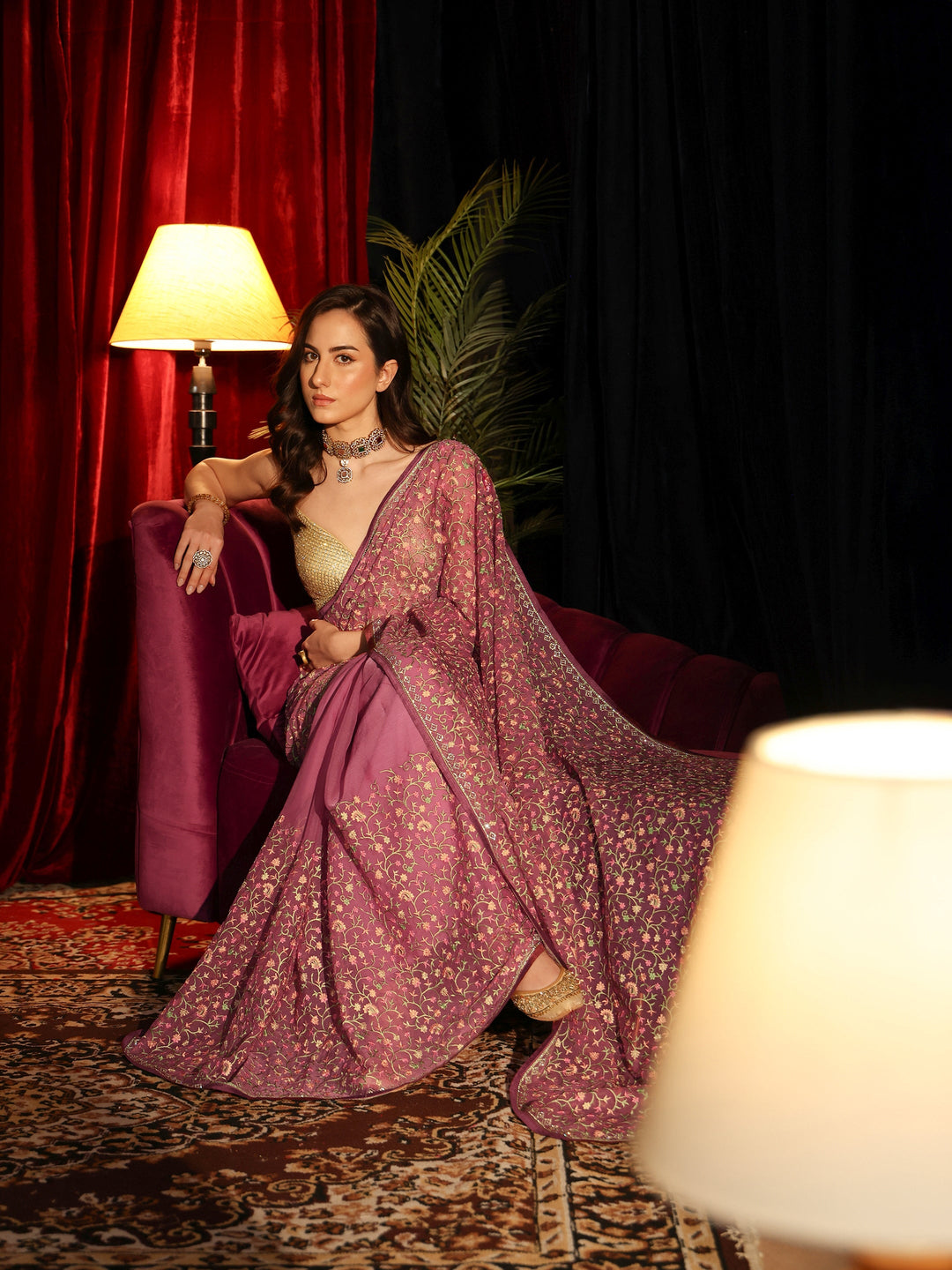 Libas Mauve Floral Embroidered Chiffon Saree