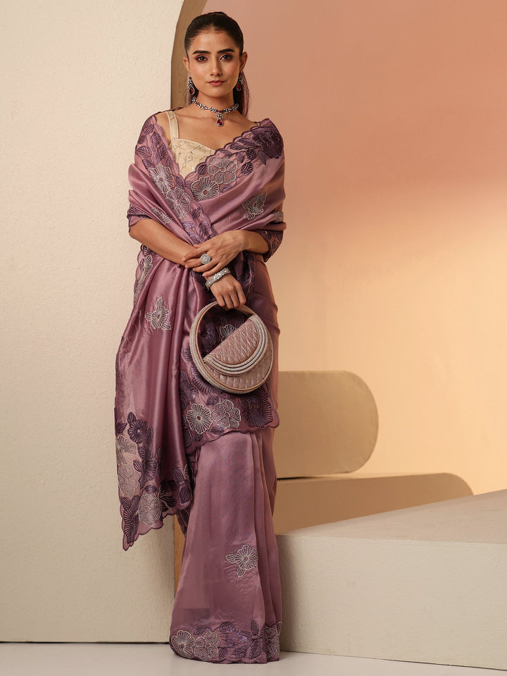 Libas Mauve Floral Embroidered Net Saree