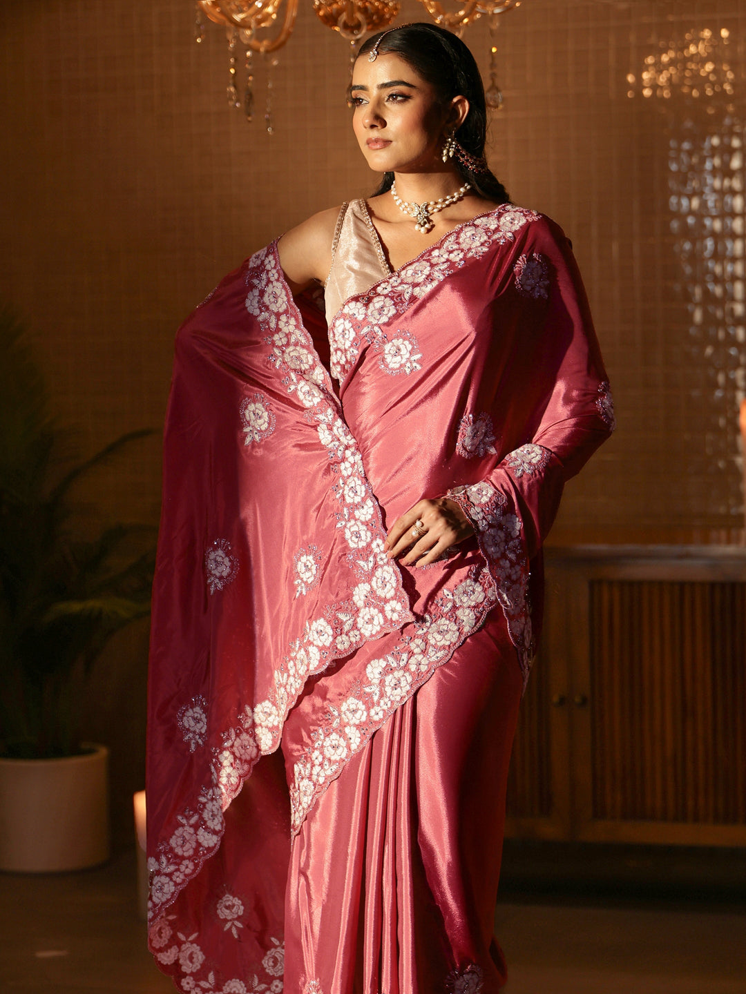 Mauve Floral Embroidered Satin Saree
