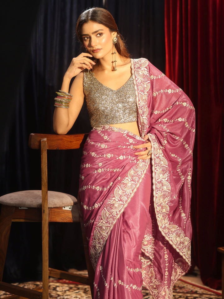 Libas Mauve Floral Embroidered Satin Saree