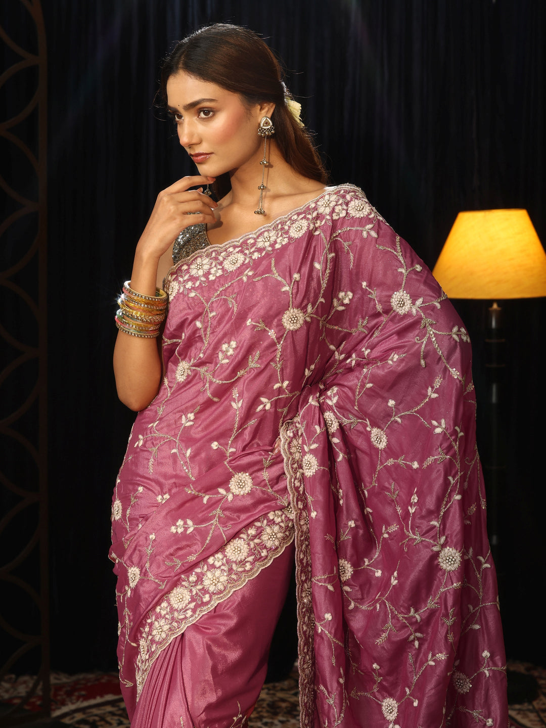 Libas Mauve Floral Embroidered Satin Saree
