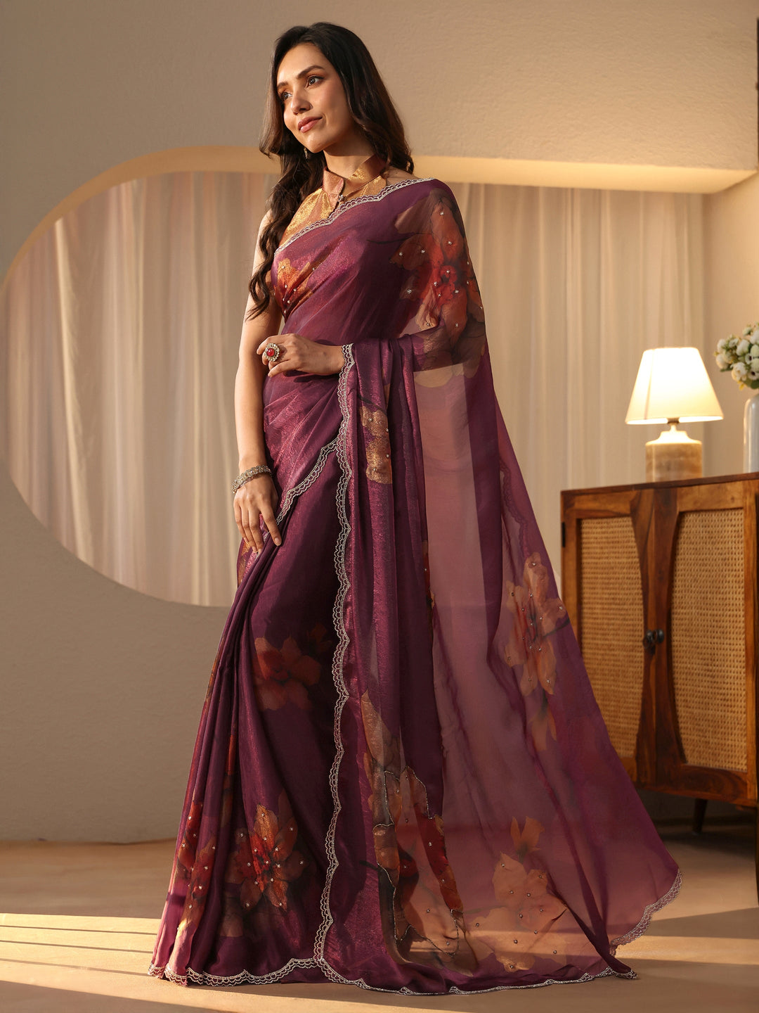 Libas Mauve Floral Printed Silk Blend Saree
