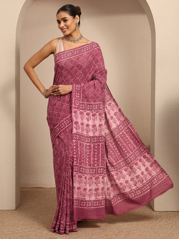 Mauve Ikat Printed Cotton Saree With Unstitched Blouse Piece