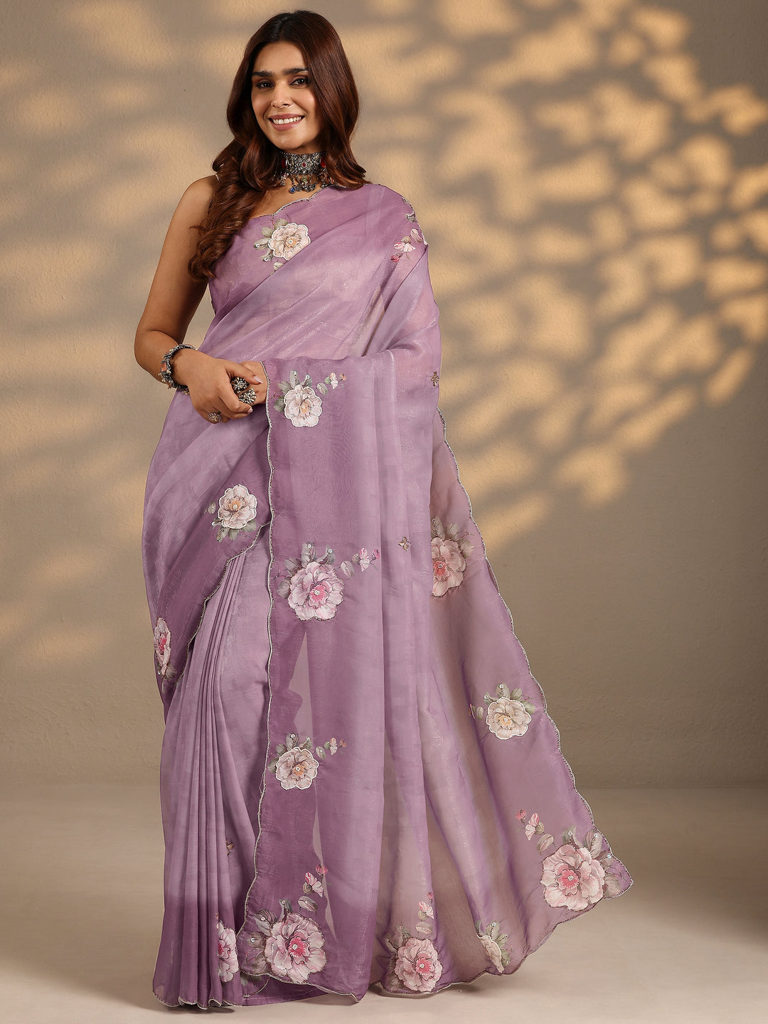 Mauve Printed Silk Blend Saree With Unstitched Blouse Piece