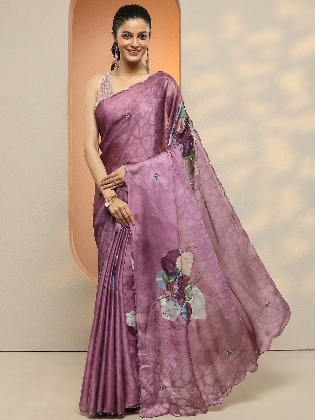 Mauve Printed Silk Blend Saree With Unstitched Blouse Piece