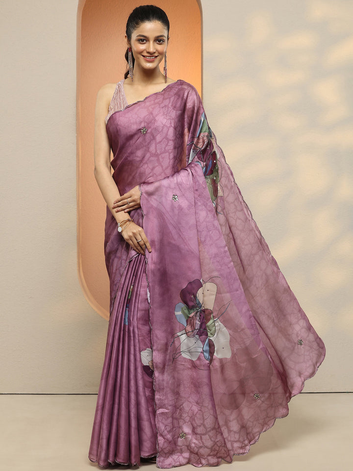 Mauve Printed Silk Blend Saree With Unstitched Blouse Piece