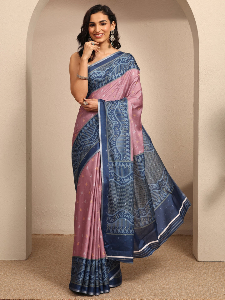 Mauve Printed Silk Blend Saree With Unstitched Blouse Piece