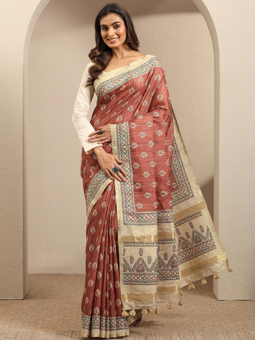 Mauve Printed Silk Blend Saree With Unstitched Blouse Piece