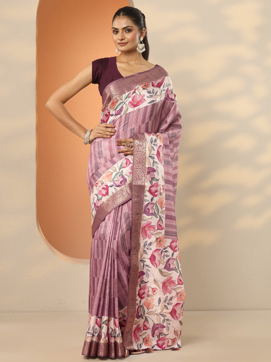 Mauve Printed Silk Blend Saree With Unstitched Blouse Piece