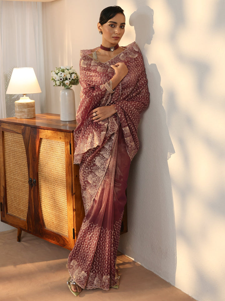 Mauve Ethnic Embroidered Net Saree