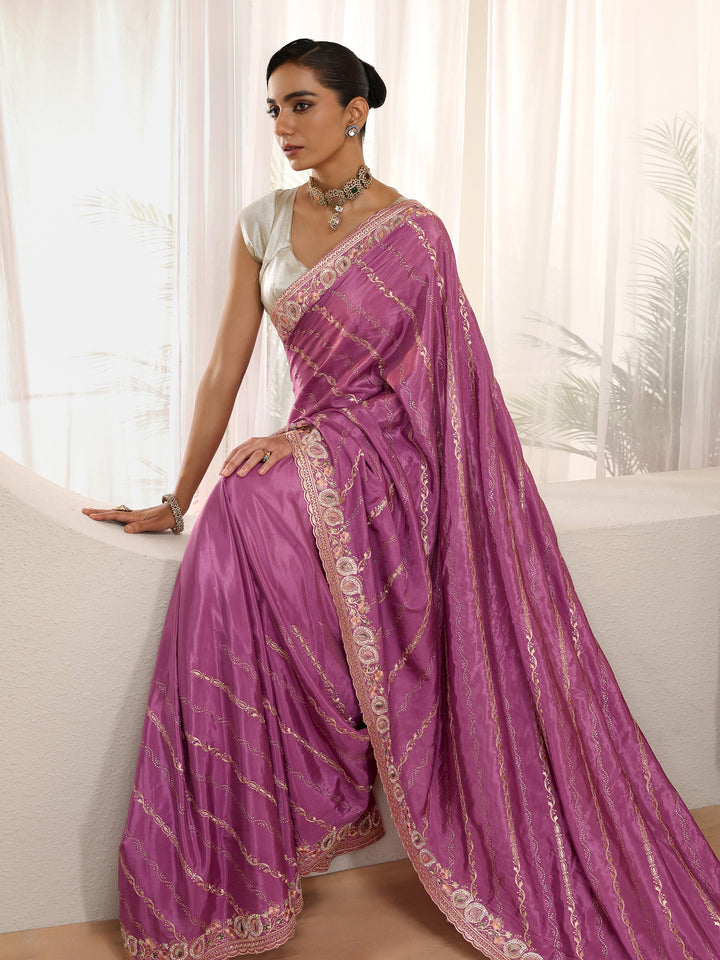 Mauve Ethnic Embroidered Satin Saree