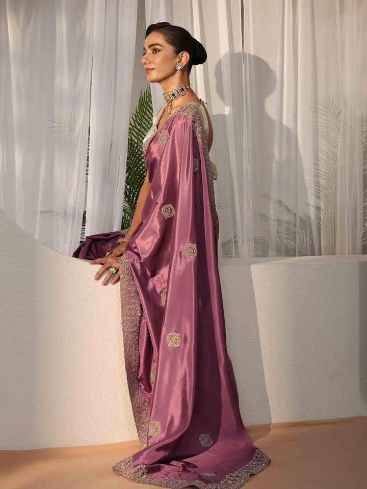 Mauve Ethnic Embroidered Satin Saree