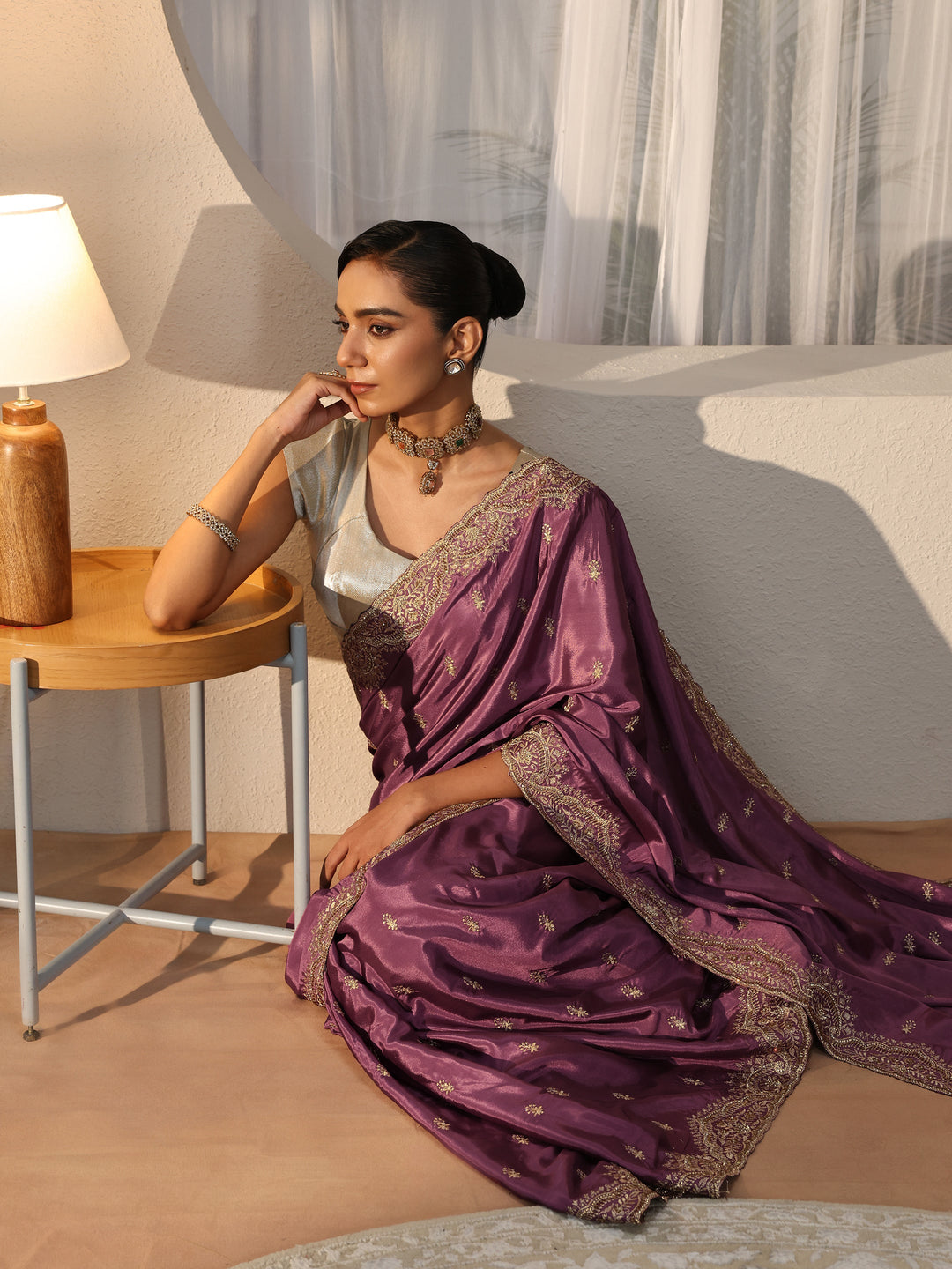 Mauve Floral Embroidered Satin Saree